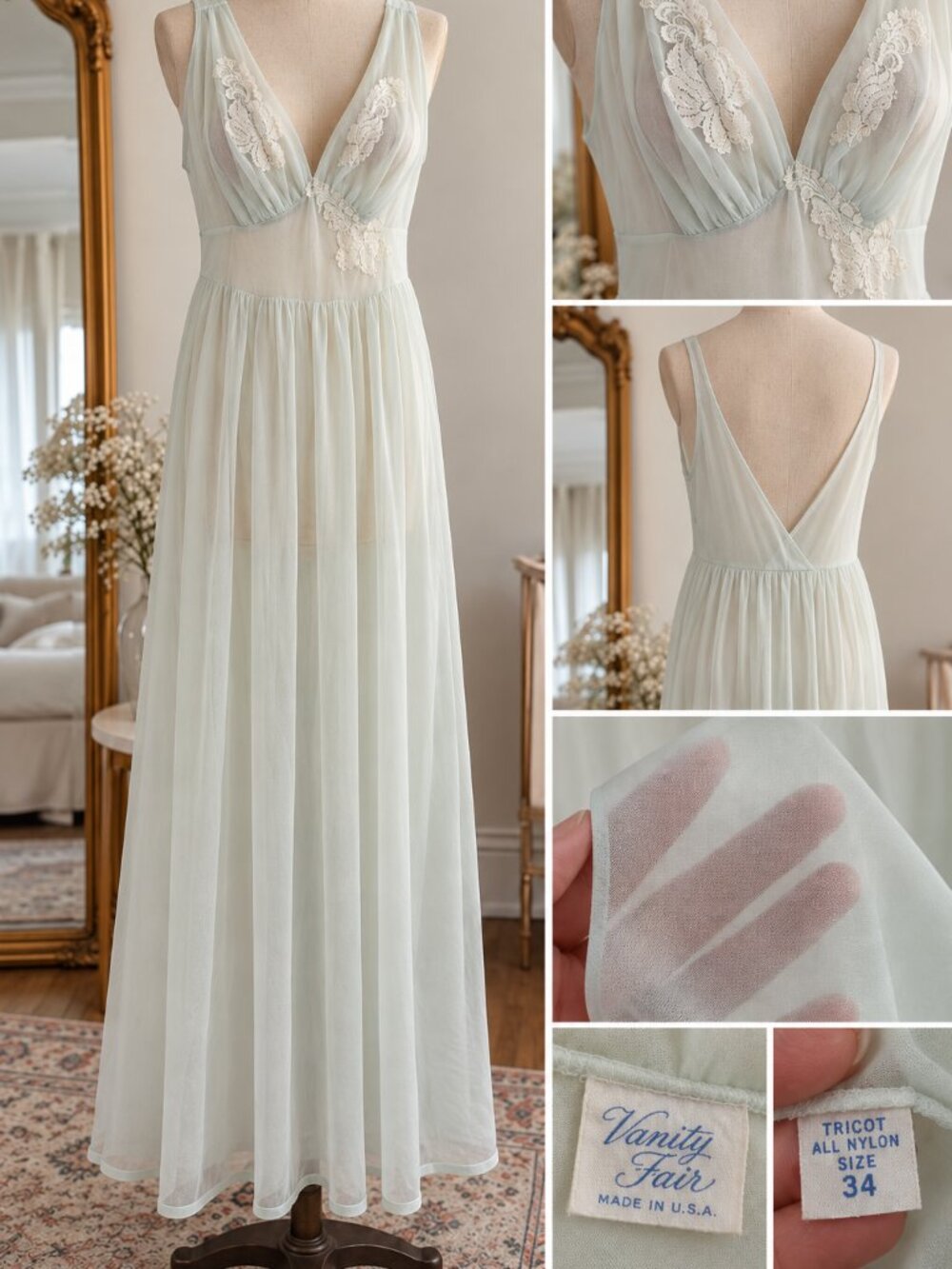 Vintage Vanity Fair Pale Seafoam Sheer Lace Nightgown 34 Made USA Maxi Slip